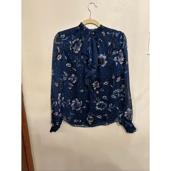 White House Black Market Floral Ruffle Neck Blouse Size 8 Blue Keyhole Long Slee - Picture 3 of 8